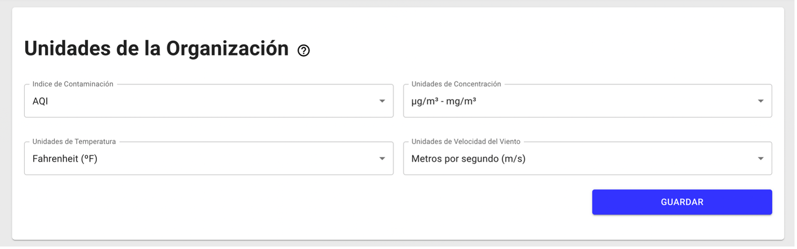 Figura 5 Pantalla de configuración de unidades de la organización