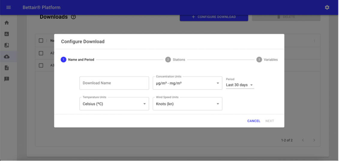 Figure 22 Pop-up screen with the first step of downloads setup