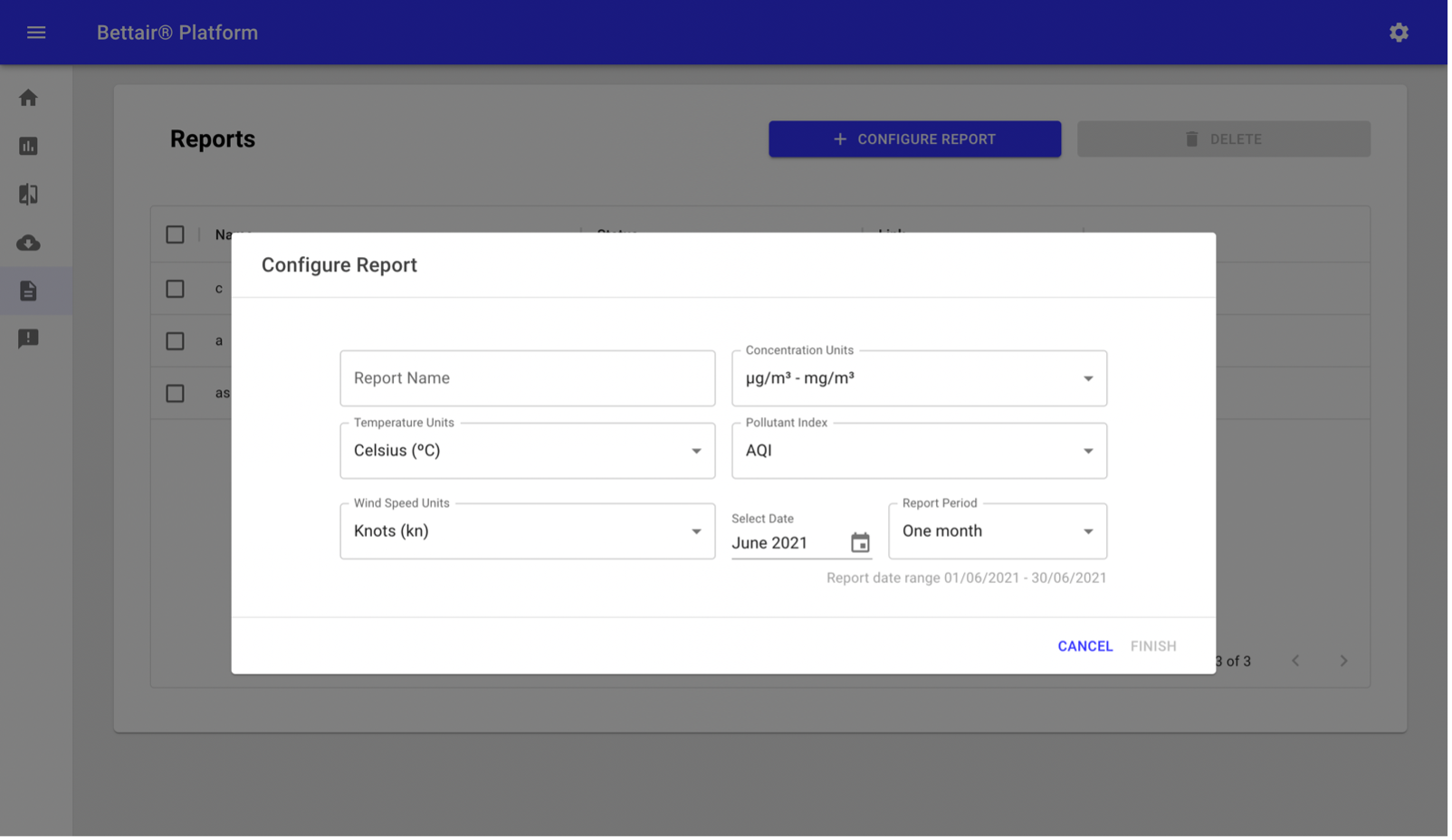 Figure 26 Report configuration pop-up screen